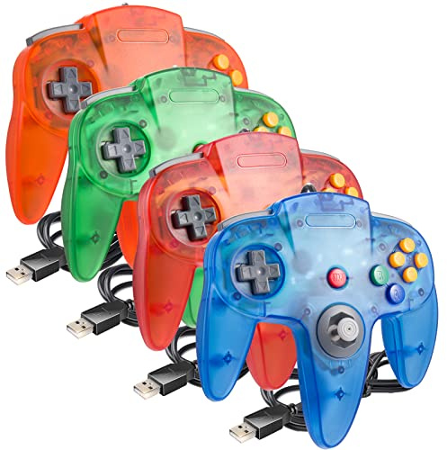 4 Pack PC USB N64 Controller, N64 Wired PC Gamepad [3D Analog Stick] for Windows PC MAC Raspberry Pi Project 64 Retropie OpenEmu Emulator (Plug & Play) (Clear Green/Clear Red/Clear Orange/Clear Blue)
