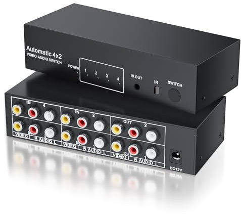 BolAAzuL 4-Port RCA 4 in 2 Ausgänge Composite L/R Splitter Switch 4 x 2 Audio Wahlschalter 4 x 2 AV-Auswahlschalter mit Fernbedienung für Wii, PS2, Xbox, DVD,