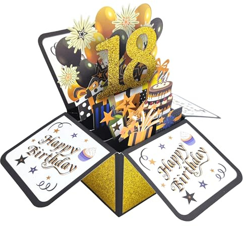 18 Años Tarjeta de Cumpleaños,Pop Up 3D Tarjeta de Felicitación Emergente, Oro Negro Happy Birthday 18th Tarjetas Plegables con Sobre, Cumpleaño Bricolaje Regalo Creativo para mamá mujer Familias