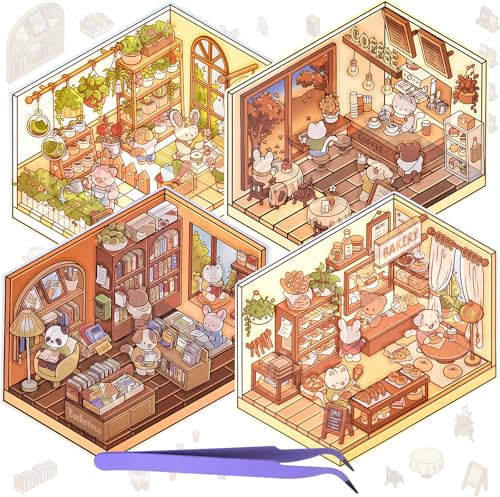 4 Sets DIY 3D House Stickers + 1Pcs Tweezer, Fun DIY Stickers Scene, Machen Sie Ihren eigenen Blumenzimmer, Café, Buchhandlung， Bäckerei, 3D-Cartoon-Miniatur-Szenen-Aufkleber für Kinder, Stressabbau