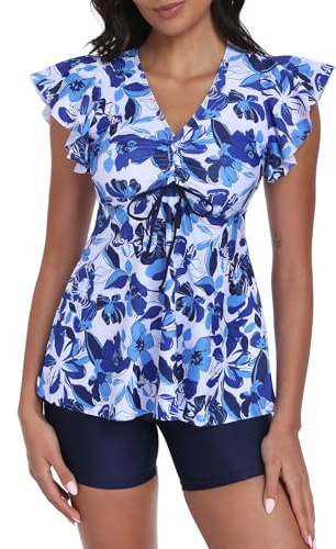 Ecupper Maillot de Bain Femme 2 Pieces Push Up Tankini Set Taille Haute Shorty Col en V Maillot de Bain à Volants