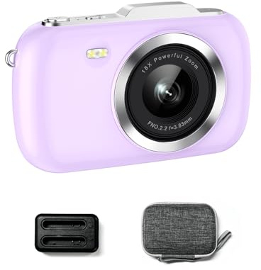Ade Cámara de Fotos, 64MP 4K Cámaras compactas Digitales, 18X Zoom Cámara Digital Portátil con 32GB Tarjeta TF, Estación de Carga, Bolsa para cámara, para Adolescentes Niños Adultos (Violeta)