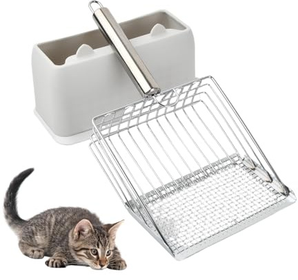 Ziyonix Paletta Lettiera Gatto, Paletta per Lettiera per Gatti in Metallo con Base di Stoccaggio in Plastica, Sabbietta Gatto Pala per Setaccio Spaziatura Fori 3mm / 10mm, Lunghezza 27 cm