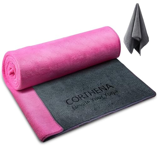 CORTHENA Yoga Mat Towel, Extra Thick (600GSM) Soft Hot Yoga Towel, Non-Slip and Sweat Absorbent for Hot Yoga, Bikram, Pilates, and Fitness, 72 x 27.5, Dual-Color, Grey/Pink