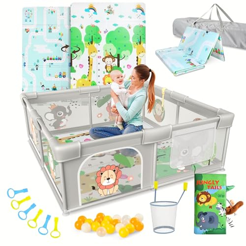 BELLEBEBE - Parque Infantil Bebe - 120x180 cm - Corralito bebe con Alfombra Acolchada Plegable + 50 Bolas + Canasta de Juego + Libro Bebe Sensorial de Tela y 6 Agarraderas -Diseño animales de la selva
