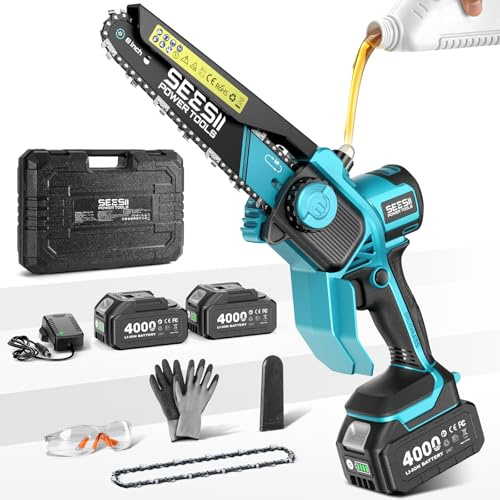 Mini Motosega da 8 Pollici, Motore Brushless Aggiornato 2026, Motosega Elettrica con 2 Batterie da 4000 mAh, Tensionamento della Catena Senza Attrezzi e Oliatore, Uso della Sega per Tagliare Alberi