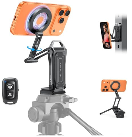 OMOTON TP02 Handy Stativ, mit Arca-Swiss & BT-Fernbedienung, Schwarz Pro BT | 360° Drehbar, mit 1/4-Gewinde & Arca Swiss, C-Klemme & Magnetische Rückseite, Handyhalterung für iPhone 17/16/15 Pro Max Air