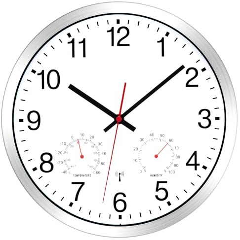 NESIFEE Wanduhr Funk Uhr mit Temperaturanzeige Funkuhr Wand Lautlos 30cm | Funkwanduhr Geräuschlos,Wandur Ohne Tickgeräusche, Weiß , Modern ,Feuchtigkeitsmesser, Wandfunkuhr für Wohnzimmer Büro Küche