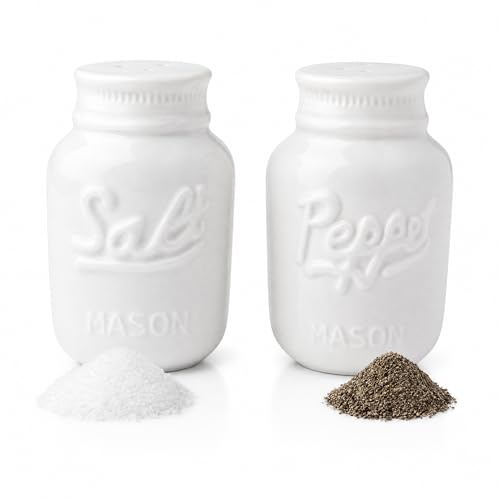 Vintage Mason Jar Salt & Pepper Shakers by Comfify - Adorable Decorative Mason Jar Decor for Vintage, Rustic, Shabby Chic - Sturdy Ceramic in White - 100 ml Cap. | Comfify Mason Jar Salt and Pepper Shakers Set White Ceramic