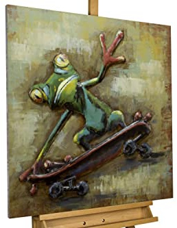 KunstLoft Metallbild 3D | 100% HANDGEFERTIGT | 80x80x5cm | Wandbild Metall Deko 'Skaterboy' | Frosch Skateboard | Beige Grün | Metall Wanddeko Wohnzimmer