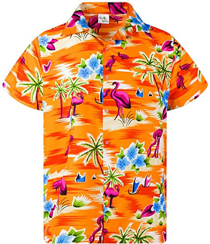 King Kameha Funky Hawaii-skjorta för män – luftig Hawaii-skjorta för män, kortärmad med bröstficka och tropiskt flamingo-tryck, Flamingo design orange, 5XL