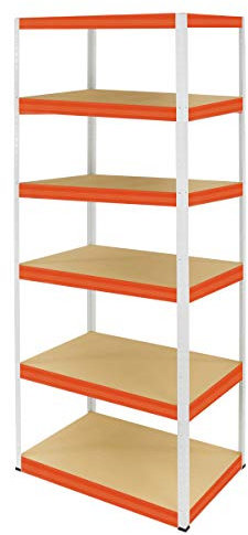 MODO24 Metallregal Steck- Werkstatt- Lager- Schwerlastregal Helios 213x100x50 cm VERZINKT oder viele Farben Tragkraft bis 400 Kg je Boden (HxBxT: 213x100x50cm, 6 Böden, 275 kg pro Boden, weiß/orange)