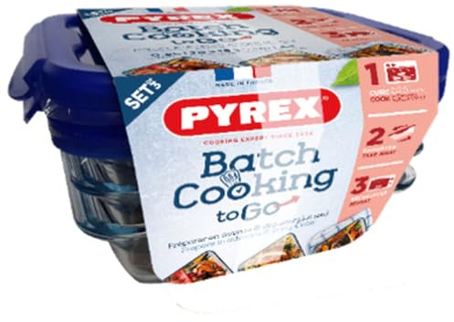Pyrex Batch Cooking Cook & Go Food Storage Glass Containers - 0.8Ltr (Set 3) | Leakproof airtight lids secure batch-cooked meals for safe transport, offering freezer-to-oven durability.