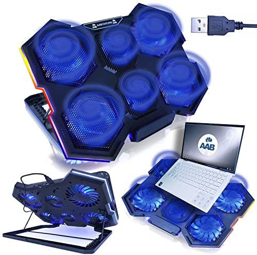 AABCOOLING Hurricane - Base Portatile con 6 Ventole, Regolazione Dell'inclinazione e Retroilluminazione a LED Blu | Raffreddamento Notebook | Ventola Per PC | Notebook Cooler | Base Laptop