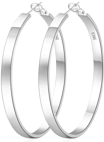 EXGOX 4MM Wide Silver Hoop Earrings for Women Sterling Silver Large Hoop Earrings 14K Real Gold Plated Hoop Earrings Hypoallergenic 925 Silver Big Hoop Earrings for Women (30/40/50/60mm)