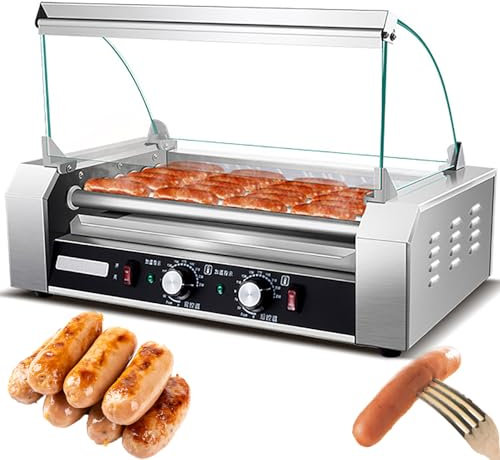 Teglia automatica per salsicce commerciale | Macchina per hot dog con doppio controllo della temperatura | 18 rulli per hot dog | in acciaio inossidabile | uso domestico o commerciale