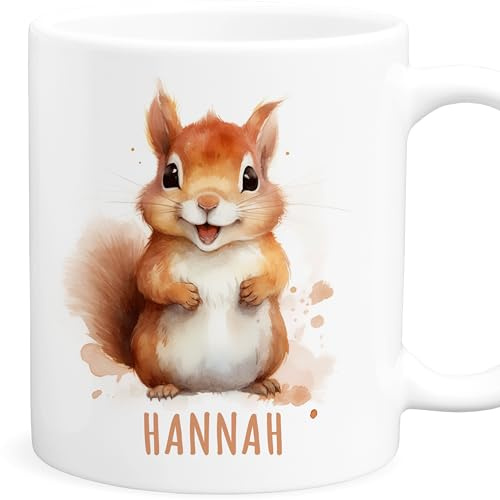 Eichhörnchen Tasse Kinder personalisiert mit Namen als Geburtstagsgeschenk | Personalisiert, hochwertige Keramik, spülmaschinen- & mikrowellengeeignet, 330 ml, Eichhörnchentasse