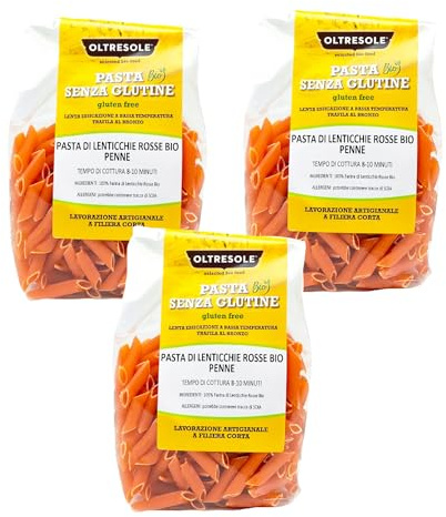 Oltresole, Pâtes aux lentilles rouges biologiques, format Penne, pâtes protéinées aux légumineuses, farine de lentilles rouges 100% biologique, végétaliennes et sans gluten, paquet de 3 x 350 g