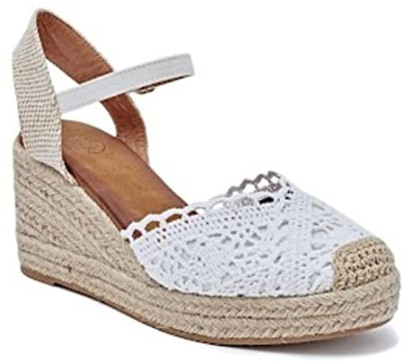 Miro Boho Chic Cuñas Alpargatas Mujer Plataforma Yute Sandalias Mujer Cuñas De Esparto con Encaje Y Correa De Tobillo Zapatos Novia Alpargatas Boda. Bohemien (Blanco, 40)