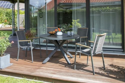 MR. DEKO® Gartenmöbelset Alicante Malaga Aluminium | Gartennmöbelset 5-teilig 4 x Diningsessel & Tisch | Outdoormöbelset Alu & Sitz- & Rückenbezug Rope | Stabile & wetterfeste Sitzgruppe Teakarmlehne