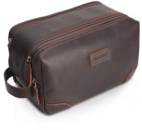 Polare Reise-Kulturbeutel aus Vollnarbenleder, groß, Kosmetiktasche, Rasierset, Waschen mit YKK-Reißverschlüssen, Dunkelbraun, Retro