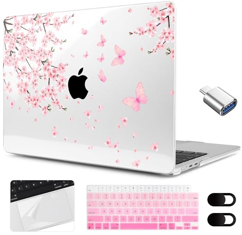 MEEgoodo Case for MacBook Air 15 inch M4/M3/M2 2025 2024 2023, Case Fit Model (A3241/A3114/A2941) for MacBook Air 15-inch, Laptop with Keyboard & Camera Cover & OTG Adapter, Cherry Blossoms
