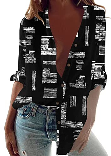 Camicia Donna Lunga Elegante Cerimonia Magliette Estiva Curvy Sexy Blusa Cotone Oversize Top T-Shirt Manica Lunga Scollo a V Camicetta Camicia Stampa Fantasia