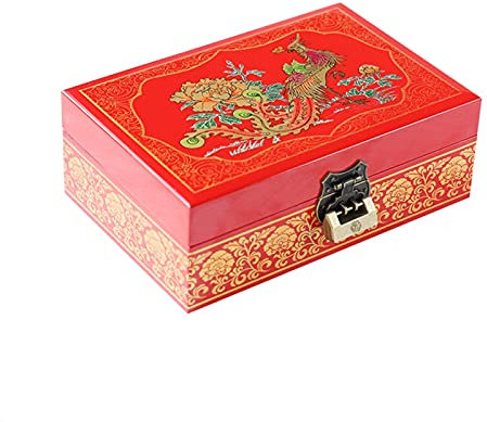 Holzschmuck-Aufbewahrungsbox mit Schloss und Schlüssel, handbemalte Gravur, Organizer-Etui für Frauen und Mädchen, für Ohrringe, Armbänder, Ringe, Uhren (Farbe: D) (G)