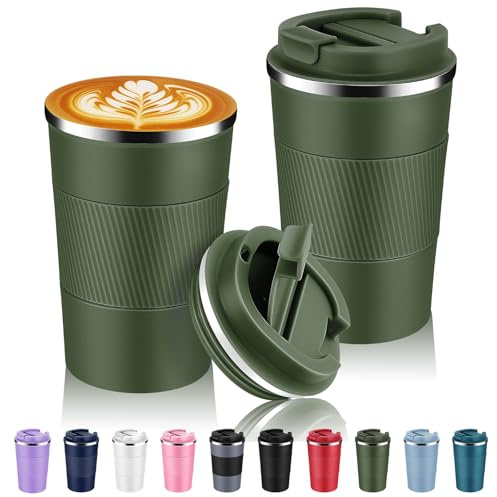 Volhoply Resekaffemugg, rostfritt stål, isolerad, flip-lock, återanvändbar, dubbelvägg, vakuum, kaffekopp, bärbar, läckagesäker, tumlare, varm och kall dryck, 385 ml (13 uns), militärgrön, 2-pack