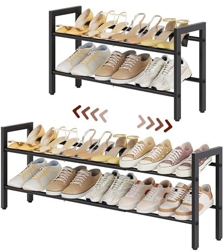 FAVOOSTY Utdragbar skohylla 2 plan svart, justerbar liten skoförvaring silver, black skoställ förvaring krom skohylla 18,5 x 105,5 x 34,4 cm