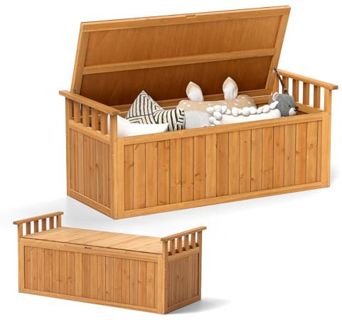 GOPLUS Aufbewahrungsbox & Gartenbank, Sitzbank mit 209L Stauraum & & Seitengriffen, Kissenbox aus Fichtenholz, Truhenbank Gartenbox Auflagenbox für Garten, Terrasse & Veranda, 128 x 58 x 53 cm