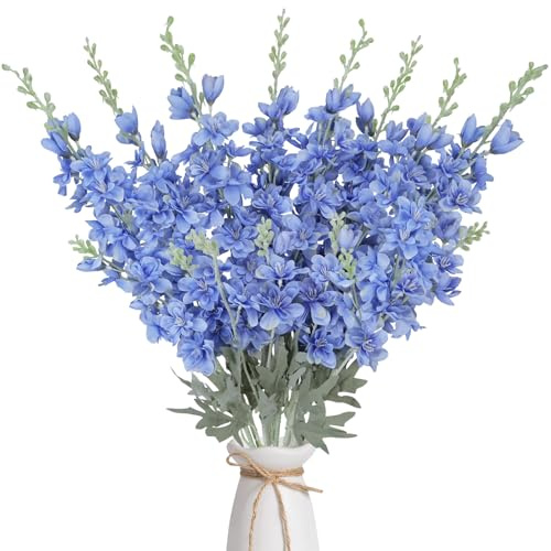 COEWUR 8PCS Blue Delphinium Artificial Flowers 34.6'' Long Stem Larkspur Fake Flowers Plant Floral Faux Silk Flower Bulk for Tall Floor Vase Outdoors Arrangements Home Garden Wedding Decor