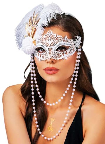 IYOU Masque de Mascarade Baroque Blanc Plume Femme Taille Unique Accessoire de Visage pour Bal Promo Carnaval Fête Vénitien