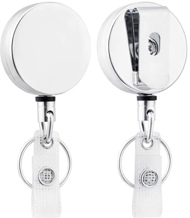 OUDQFCJ 2 Pcs Porte Clé Rétractable Robuste Enrouleurs de Badges Métal Très Résistants Porte Badges Boîtier Métallique avec Ressort Inoxydable 70 cm de Corde Nylon Clip de Ceinture et Anneau de Clé