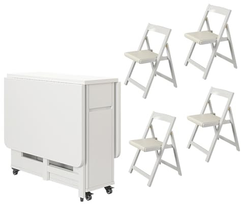 WPJBDS Klappbares Esstischset, Ausziehbarer Esstisch Aus Holz Mit 4/6 Stühlen, 1,4 M Klapptisch Für Küche Esszimmer Wohnzimmer Restaurant(Size:Table + 4 Chairs,Color:weiß)