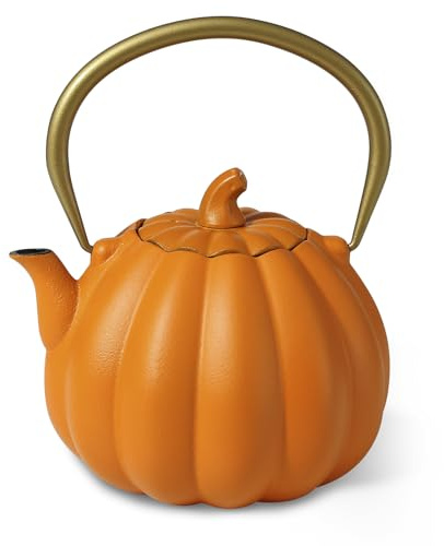 SKIKEN Teekanne aus Gusseisen mit Teesieb, japanischer Eisenkessel mit Emaille-Innenseite, niedliche Halloween-Teekanne für losen Tee und Kaffee, Edelstahlfilter, ofenfest (Orange)