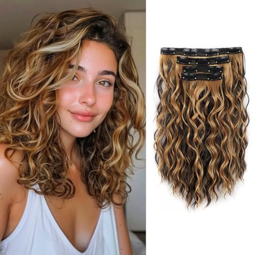 XFSRG 4PCs Clip in Extensions Wellige Clip in Haarverlängerungen Natürliches Synthetik Gewellt Haarteil Haarextension für Damen 35 cm (Hellbraun)