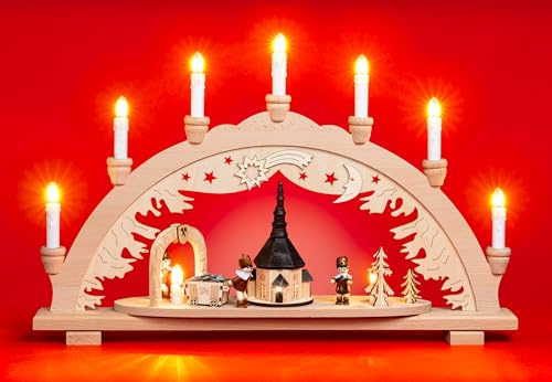SIKORA Traditioneller Schwibbogen aus dem Erzgebirge Lichterbogen aus Holz 10 flammig Deko für Weihnachten - 2 Motive - Made in Germany, Farbe/Modell:Natur - Bergmann & Seiffener Kirche- LB200