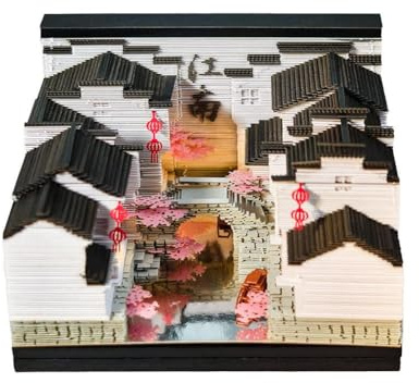 Calendario 3D 2026 Calendario de piezas de tiempo Jiangnan Water Town 3D Bloc de notas con LED chino rasgado a mano papel C luz