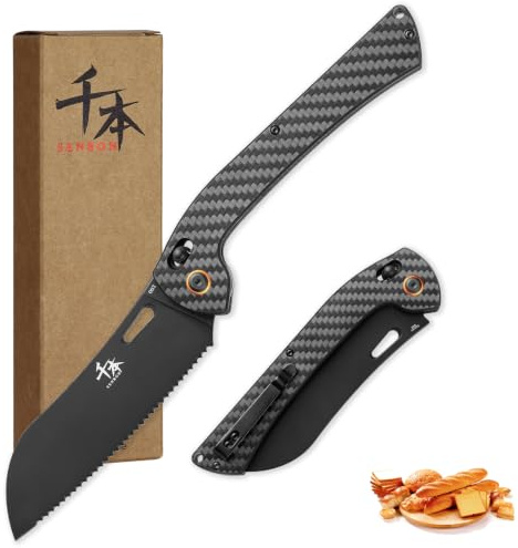 SENBON klappbarer Messer, AUS-8 Edelstahl mit schwarzer Titanbeschichtung, Kohlefasergriff mit Rückenclip, Brotmesser