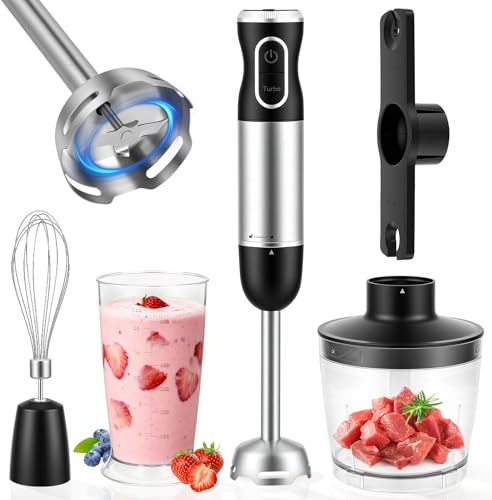 Gaethra Mixer Immersione 4-In-1, 1000 W Frullatore Tritatutto Multifunzione, 12 Velocità, con Frusta e Tritatutto da 500 ml e Misurino da 700 ml per Frullati, Zuppe, Salse, Yogurt, Alimenti Bambini