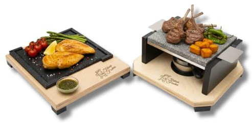 Piedra Volcánica para Carne 20x20 personalizable con Quemador de Alcohol y Plato de pizarra de 20x20 con base de madera personalizable- Regalo Navidad