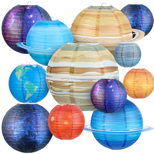 Hortsun 12 Pcs Paper Hanging Lanterns Birthday Decorations 12 Inch, 8 Inch Hanging Paper Lanterns for Party Decoration Supplies (Space)