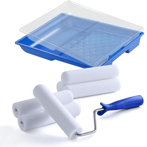 ACEBON Lackierset 6 x Schaumwalze 15 cm fein winkelwalze, 7 Zoll Farbwanne & biologisch abbaubarer Einlage – Für perfekte Ergebnisse an Türen, Möbeln & glatten Flächen ﻿