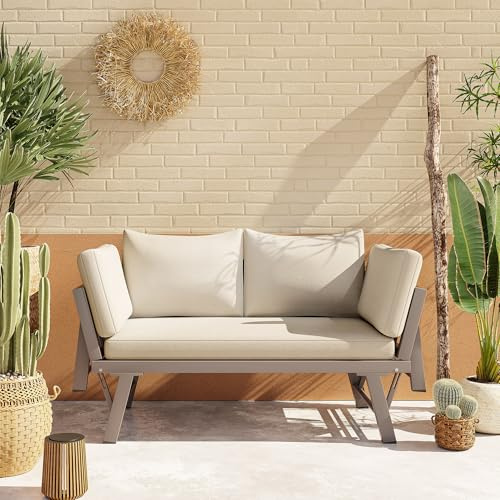 Huayz Gartenmöbel 2 Sitzer, Gartensofa mit klappbaren Armlehnen und Auflagen, Sonnenliege Gartenliege aus verzinktem Stahl, Loungesofa für Balkon Terrasse Garten (2 Sitzer)