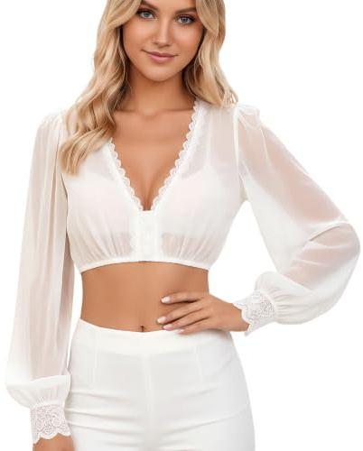 Dirndl Blouse Femme Chemisier Dirndl Col En V, Blouse Shirt Dirndlbluse Manches Longues DéColleté En V Manche, Chemise Blanc Femme Style Traditionnel, Chemisier Transparent Parfait Pour Oktoberfest