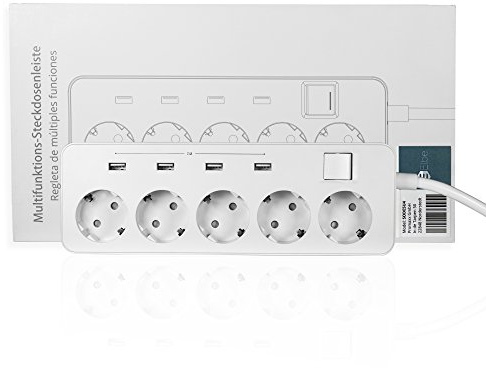 Elbe Inno Bloc Prise Blanche 5 Prises 4 USB avec Interrupteur Câble 1.5 m Prise de Courant pour Cuisine Bureau Salle de Réunion Chambre DE Norme ELSO5U4