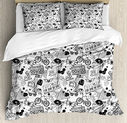 Ambesonne Black and White Duvet Cover Set, Punk Teenage Pattern Cassette Keyboard Ghost Heart and Boombox Doodle, Decorative 3 Piece Bedding Set with 2 Pillow Shams, Queen Size, Black White