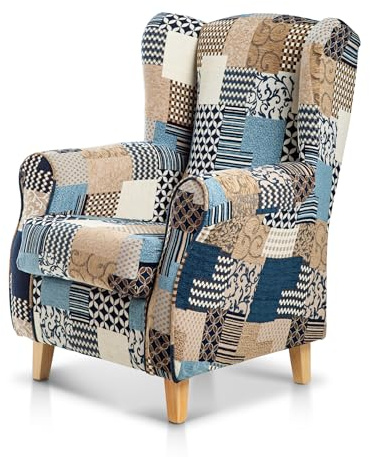 SUENOS ZZZ Sillón Irene Sillón Orejero De Lactancia Tapizado En Tela Patchwork Azul Para Dormitorio Salón O Habitación De Bebé