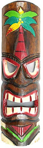 artigianale Maschera Tiki H50 cm in legno colorato motivo cocotier. Decorazione Tiki.
